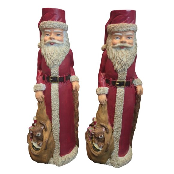 Vintage Santa candle stick holders carved Wood look Christmas candlestick set - Picture 2 of 10